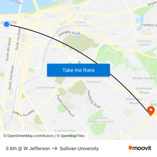 S 6th @ W Jefferson to Sullivan University map