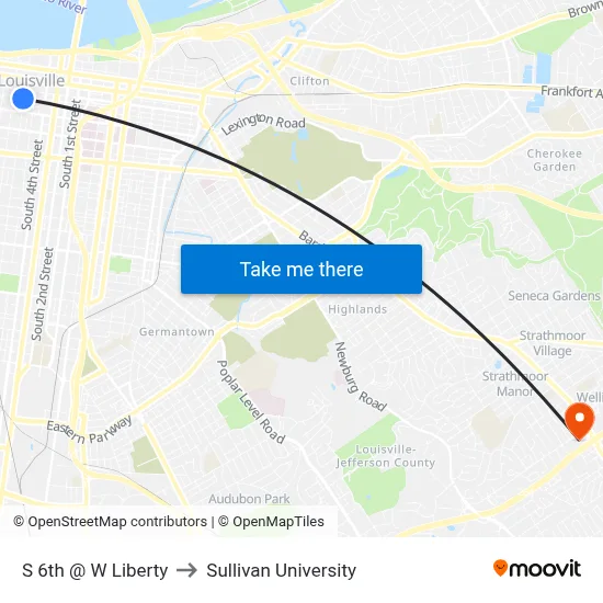 S 6th @ W Liberty to Sullivan University map