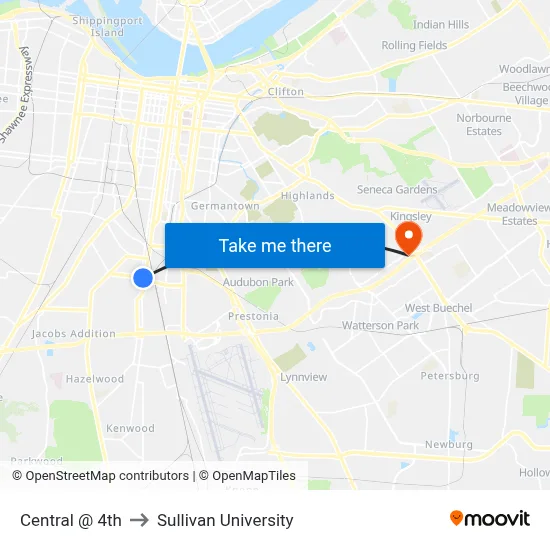 Central @ 4th to Sullivan University map