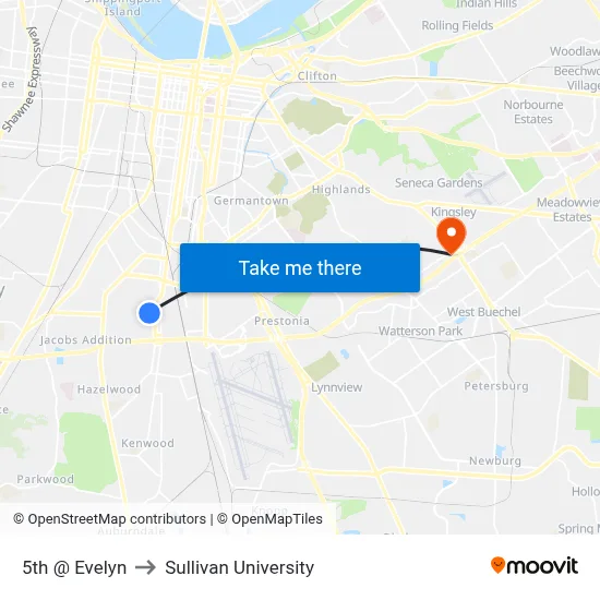 5th @ Evelyn to Sullivan University map