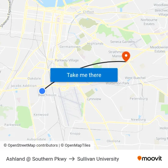 Ashland @ Southern Pkwy to Sullivan University map
