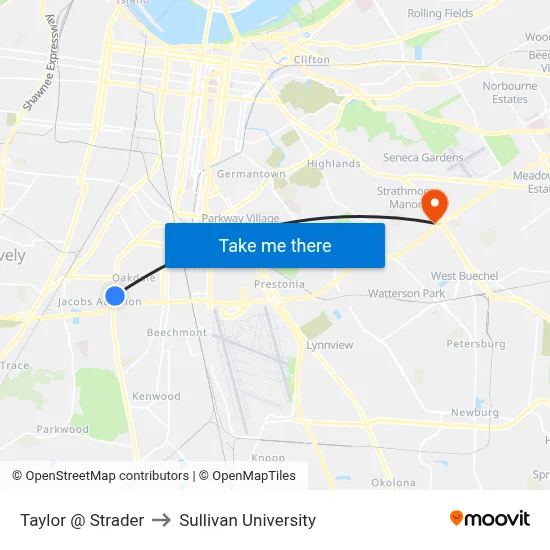 Taylor @ Strader to Sullivan University map