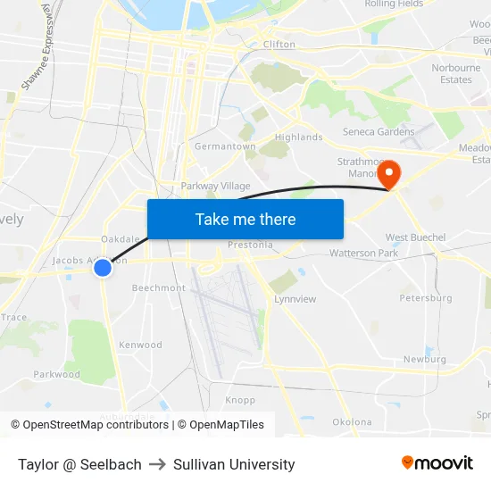 Taylor @ Seelbach to Sullivan University map