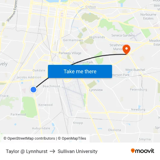 Taylor @ Lynnhurst to Sullivan University map