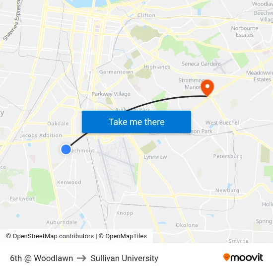 6th @ Woodlawn to Sullivan University map