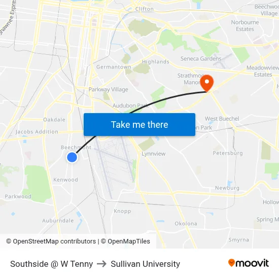 Southside @ W Tenny to Sullivan University map
