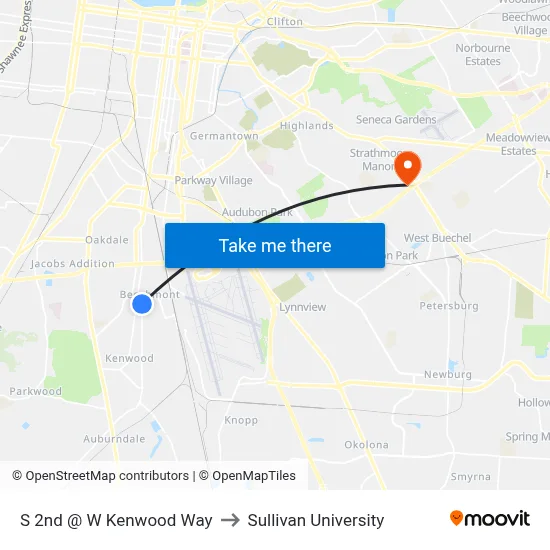 S 2nd @ W Kenwood Way to Sullivan University map