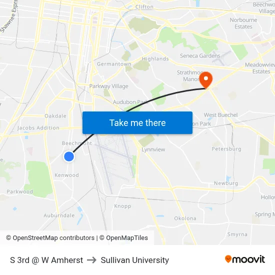 S 3rd @ W Amherst to Sullivan University map