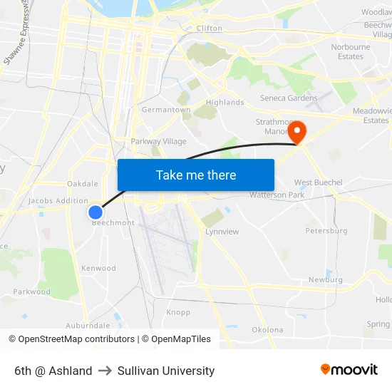 6th @ Ashland to Sullivan University map