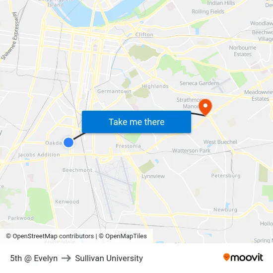 5th @ Evelyn to Sullivan University map