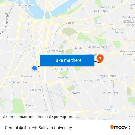 Central @ 4th to Sullivan University map