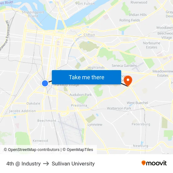 4th @ Industry to Sullivan University map