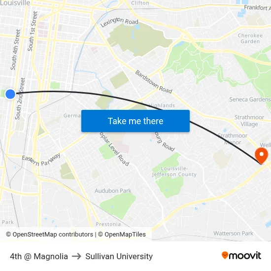 4th @ Magnolia to Sullivan University map