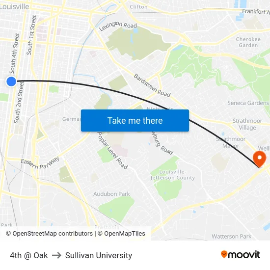 4th @ Oak to Sullivan University map