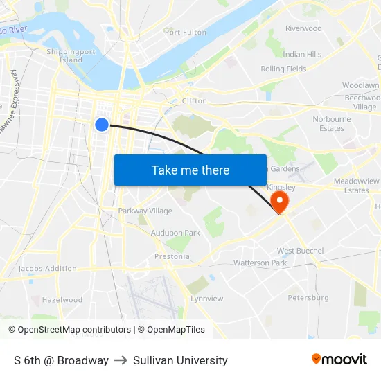 S 6th @ Broadway to Sullivan University map