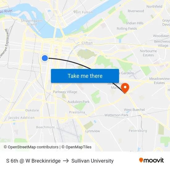 S 6th @ W Breckinridge to Sullivan University map