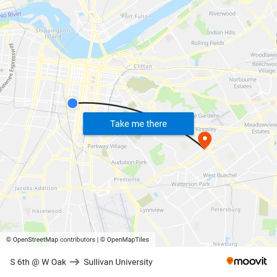 S 6th @ W Oak to Sullivan University map