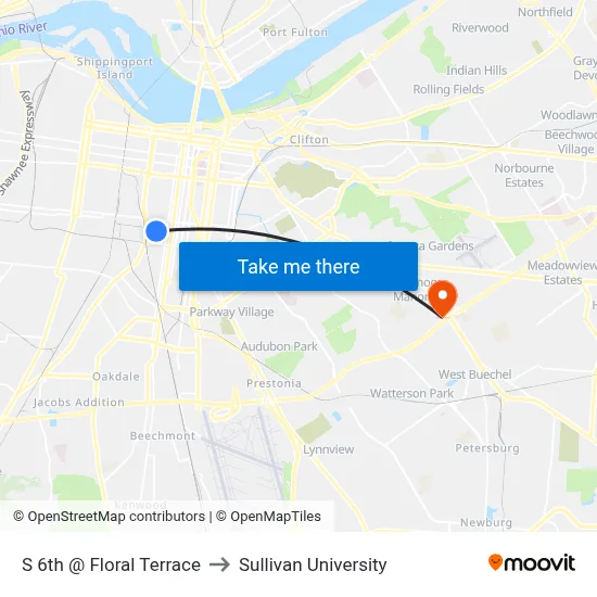 S 6th @ Floral Terrace to Sullivan University map