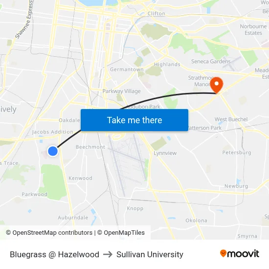 Bluegrass @ Hazelwood to Sullivan University map
