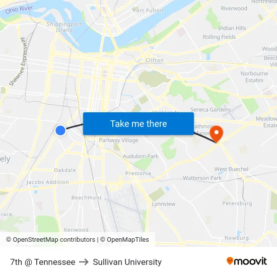7th @ Tennessee to Sullivan University map