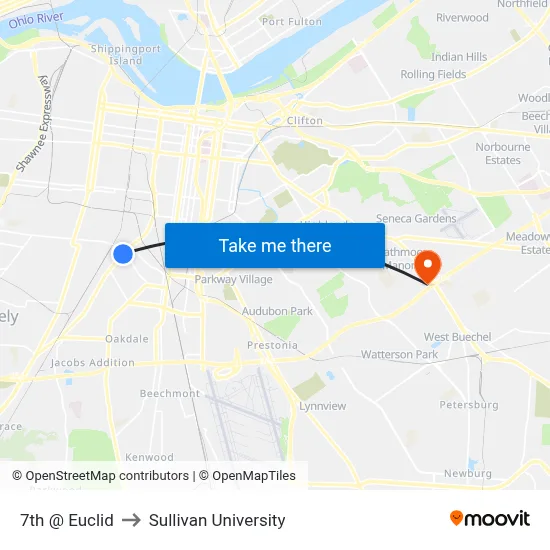 7th @ Euclid to Sullivan University map