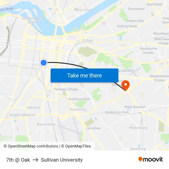 7th @ Oak to Sullivan University map