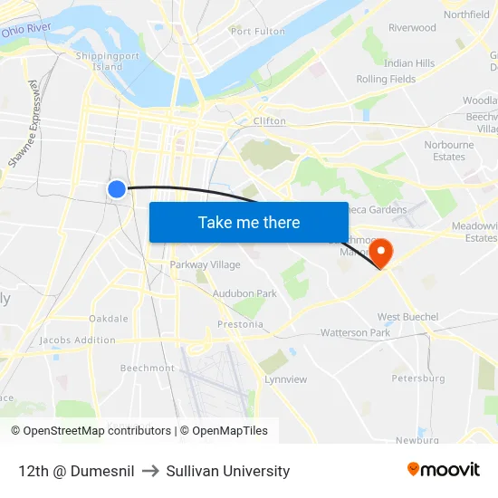 12th @ Dumesnil to Sullivan University map