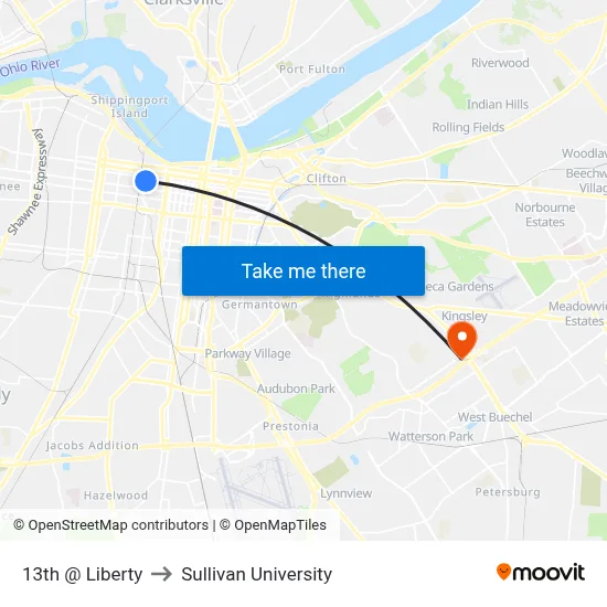 13th @ Liberty to Sullivan University map