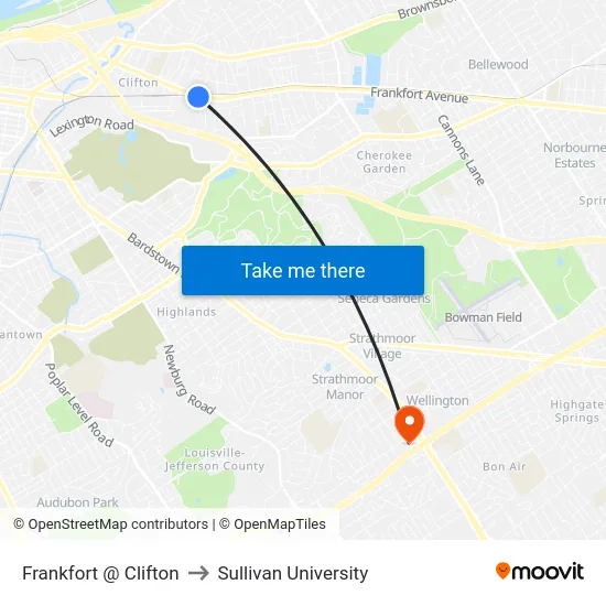 Frankfort @ Clifton to Sullivan University map