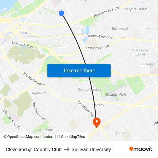 Cleveland @ Country Club to Sullivan University map