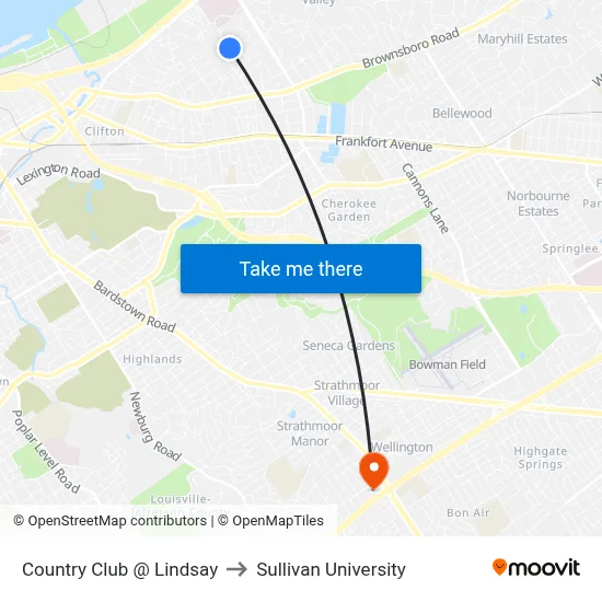 Country Club @ Lindsay to Sullivan University map