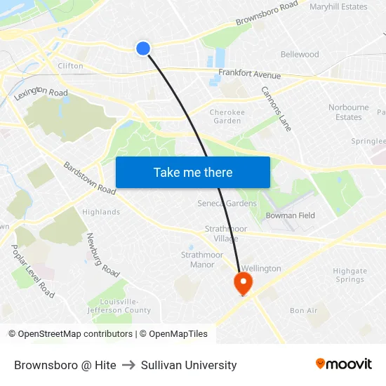 Brownsboro @ Hite to Sullivan University map