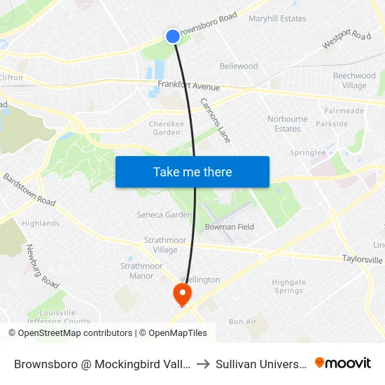 Brownsboro @ Mockingbird Valley to Sullivan University map