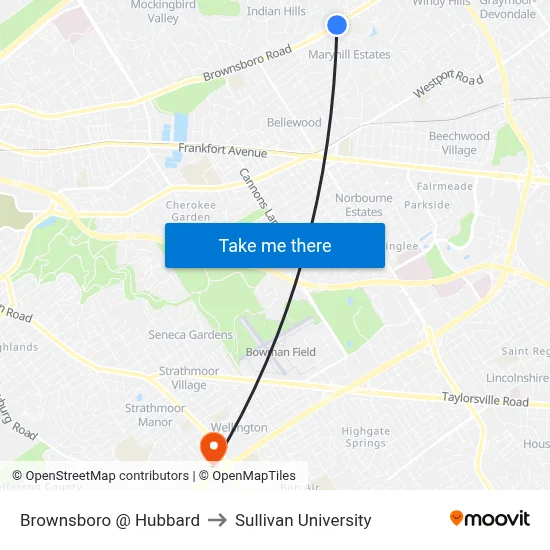 Brownsboro @ Hubbard to Sullivan University map