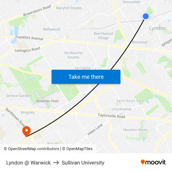 Lyndon @ Warwick to Sullivan University map