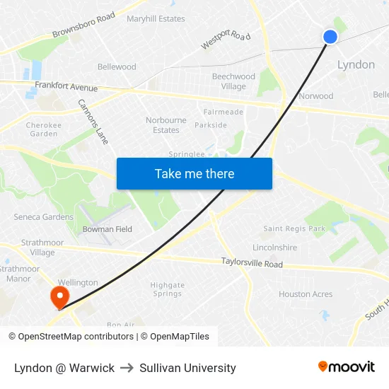Lyndon @ Warwick to Sullivan University map