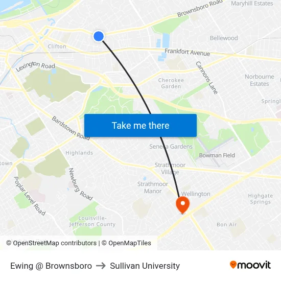 Ewing @ Brownsboro to Sullivan University map