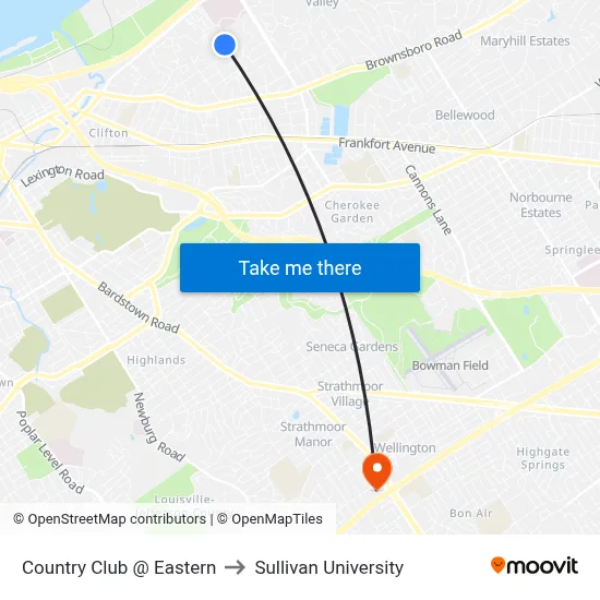 Country Club @ Eastern to Sullivan University map