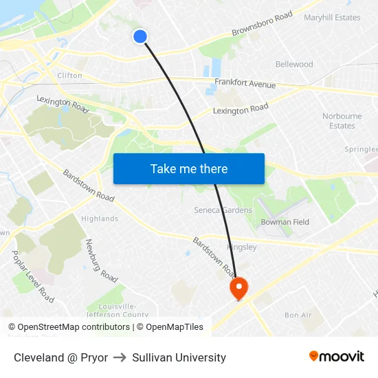 Cleveland @ Pryor to Sullivan University map