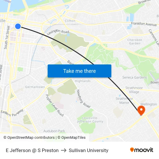E Jefferson @ S Preston to Sullivan University map