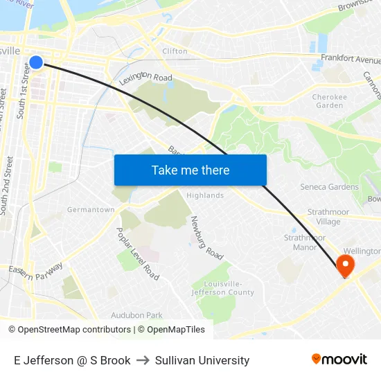 E Jefferson @ S Brook to Sullivan University map