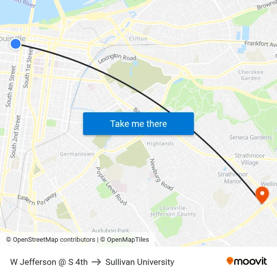 W Jefferson @ S 4th to Sullivan University map
