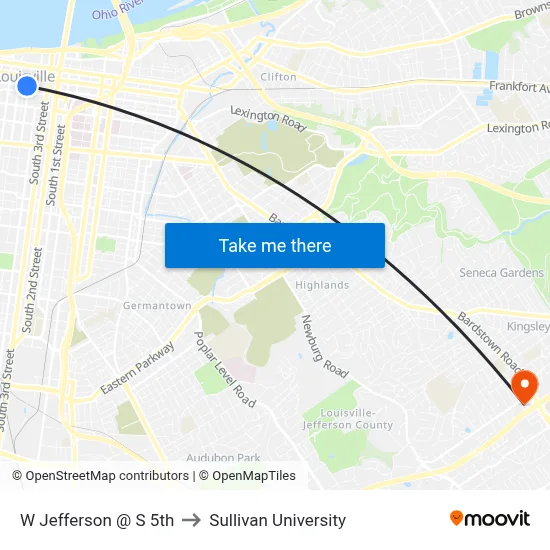 W Jefferson @ S 5th to Sullivan University map