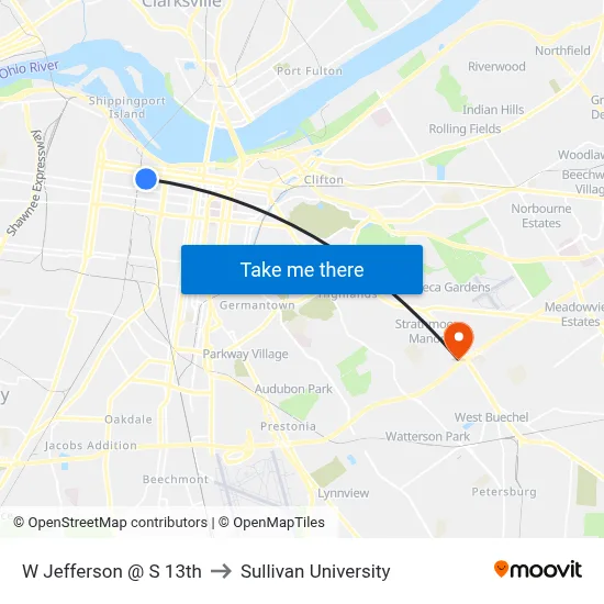 W Jefferson @ S 13th to Sullivan University map