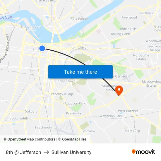 8th @ Jefferson to Sullivan University map