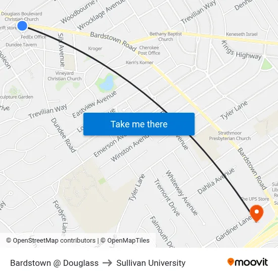 Bardstown @ Douglass to Sullivan University map