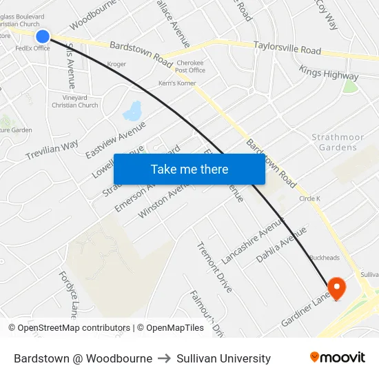 Bardstown @ Woodbourne to Sullivan University map