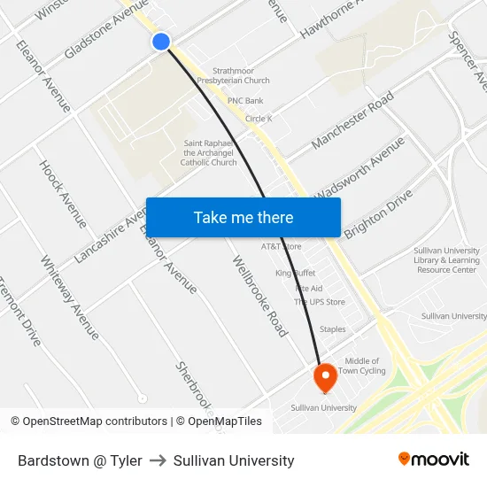 Bardstown @ Tyler to Sullivan University map