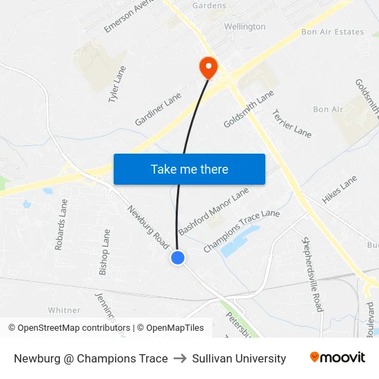 Newburg @ Champions Trace to Sullivan University map