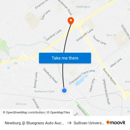 Newburg @ Bluegrass Auto Auction to Sullivan University map